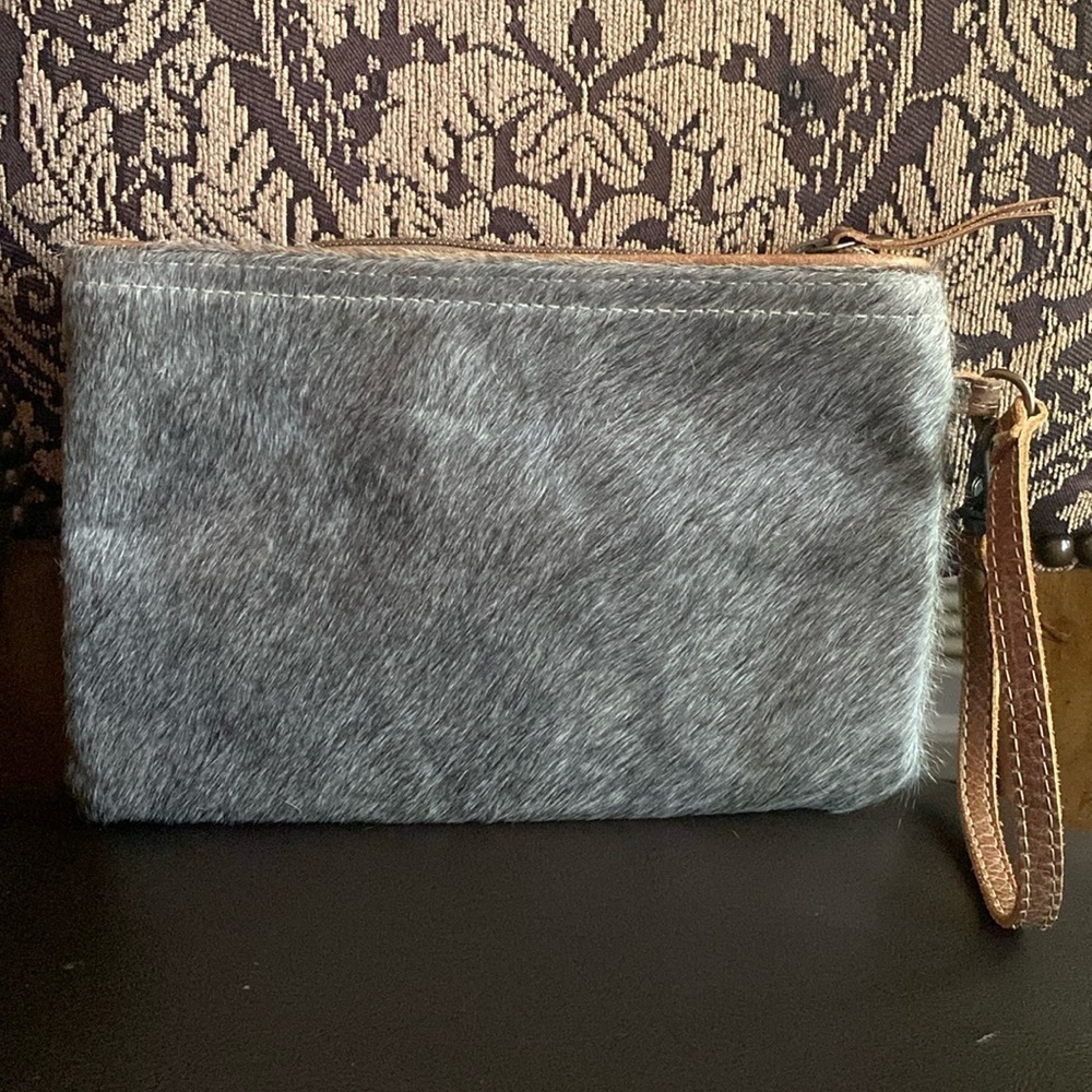 Myra Purse Bag Womens Brown White Fur Hairon Zip Clutch Wristlet